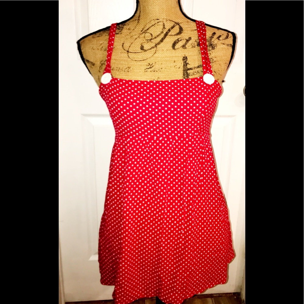 Overall Apron Red Mini Dress Polkadot SzM EUC